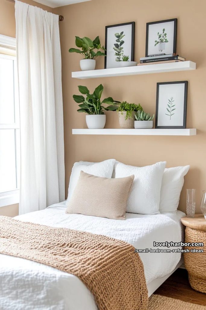 arrange a floating shelf gallery with plants and minimalistic art prints 7