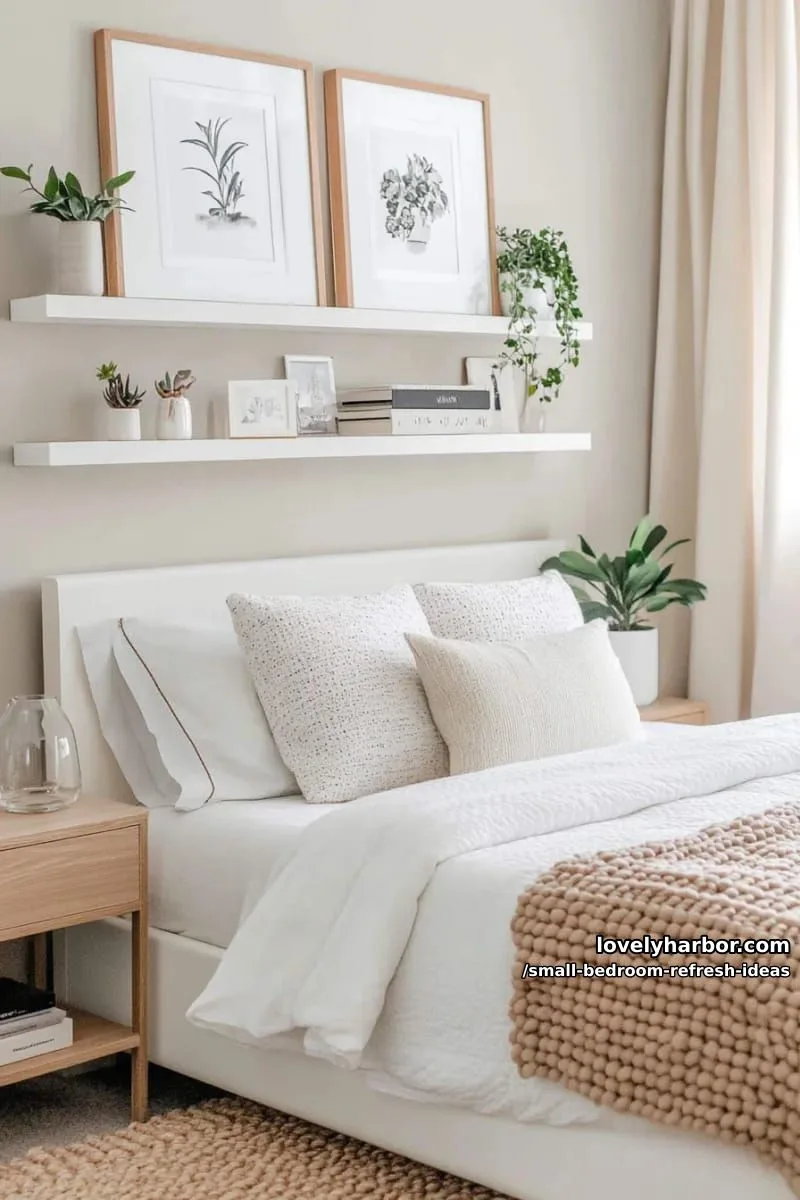 arrange a floating shelf gallery with plants and minimalistic art prints 1