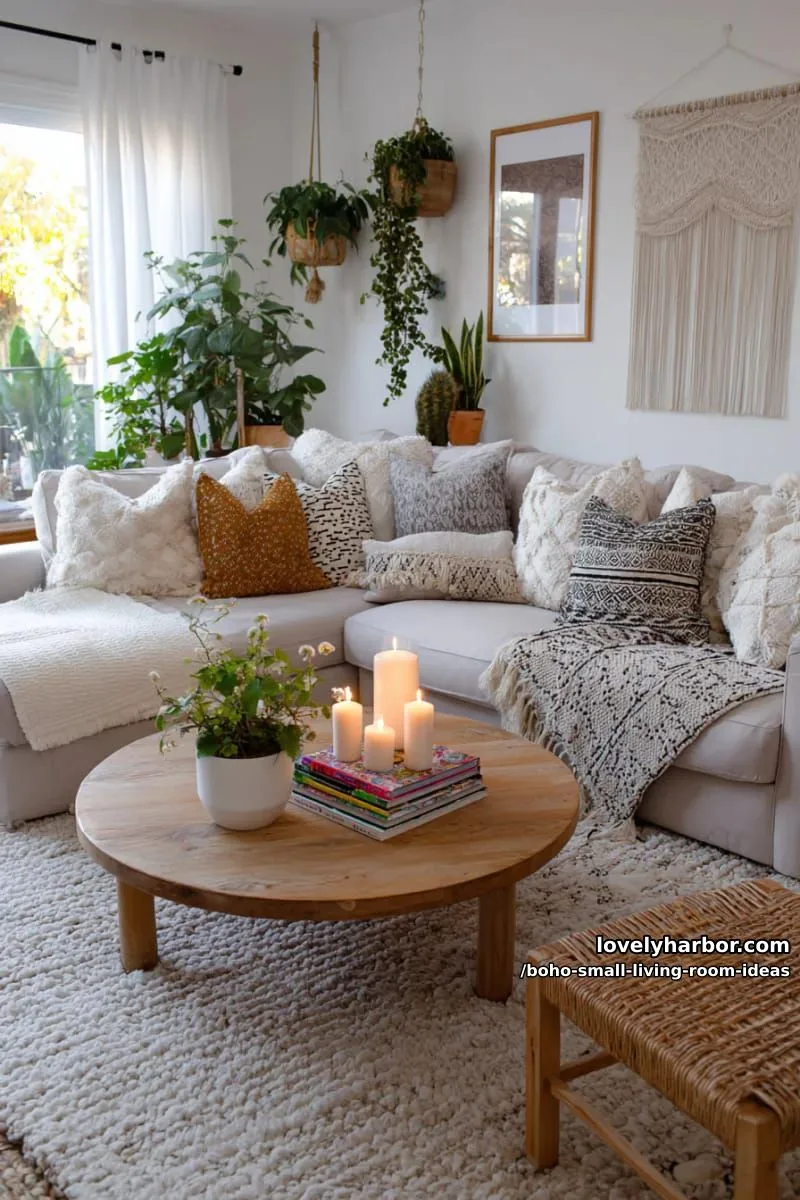 15 Boho Small Living Rooms Ideas That Turn Tiny Spaces Into Cozy Sanctuaries 8 arrange a low round coffee table with stacked art books and candles. 1