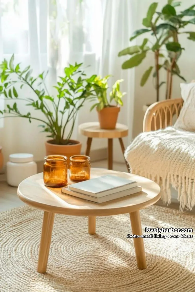 15 Boho Small Living Rooms Ideas That Turn Tiny Spaces Into Cozy Sanctuaries 9 arrange a low round coffee table with stacked art books and candles. 1
