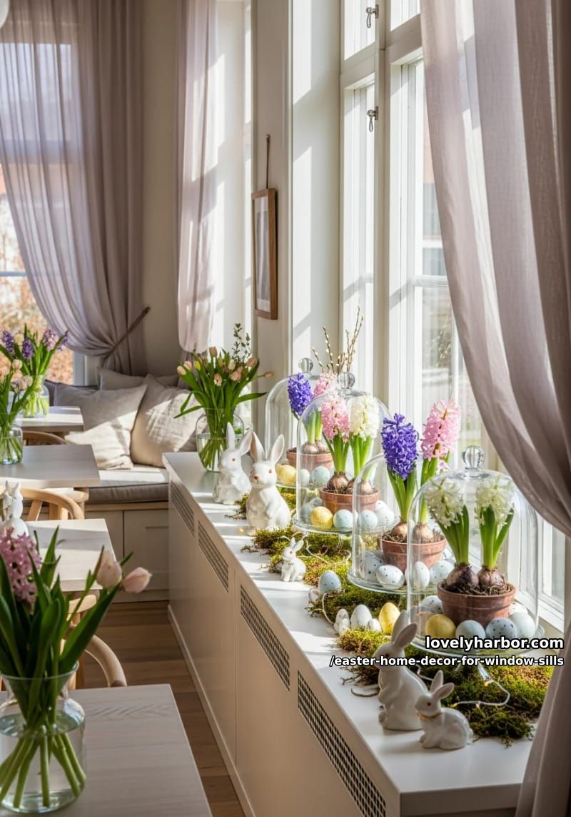 arrange glass cloches covering tiny potted hyacinths and speckled eggs. 1