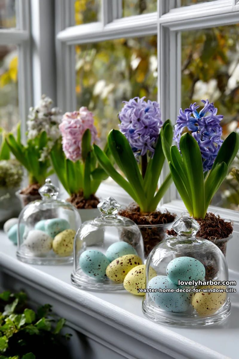 arrange glass cloches covering tiny potted hyacinths and speckled eggs. 1