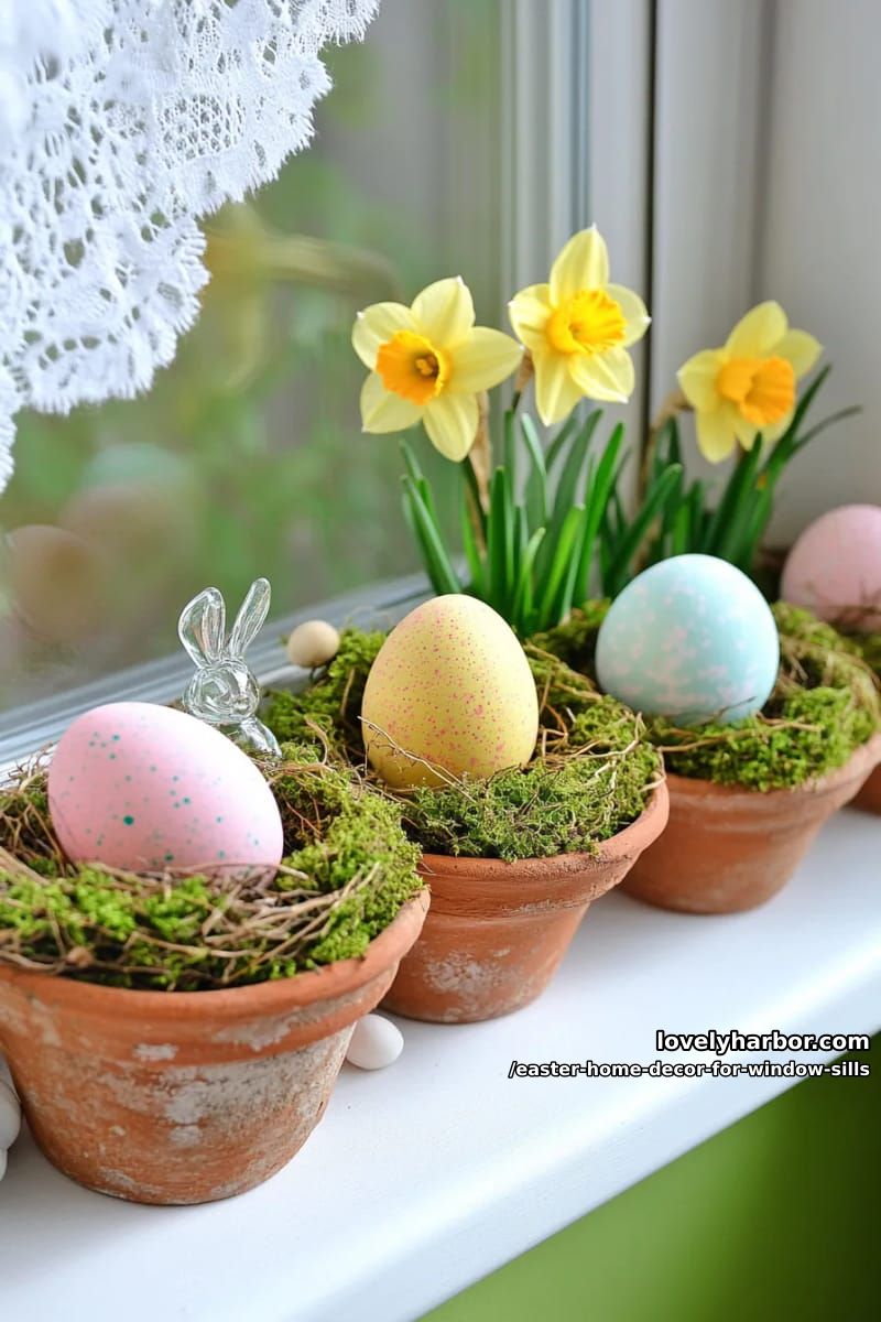arrange mossy easter egg nests with miniature daffodils in terracotta pots. 1