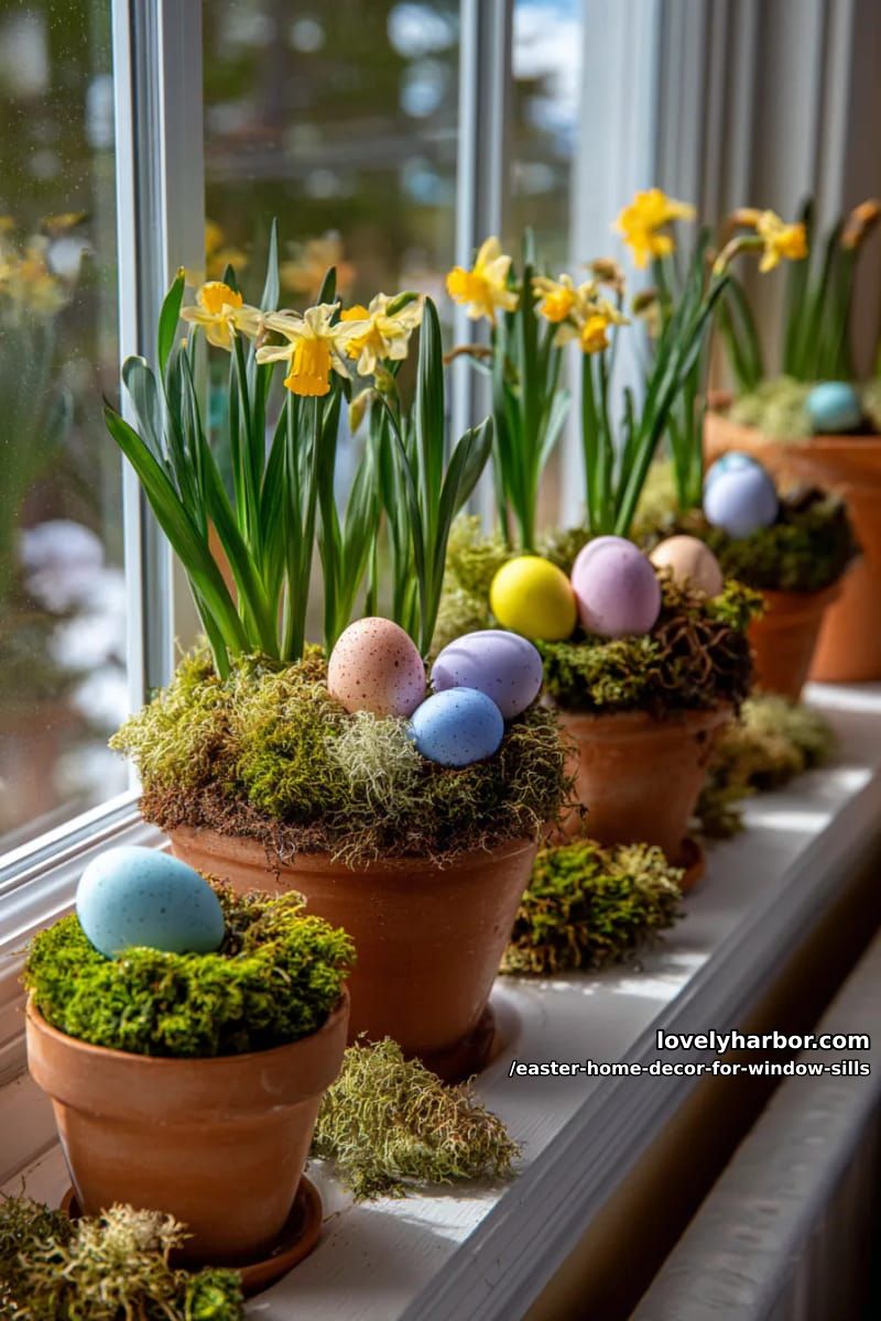 arrange mossy easter egg nests with miniature daffodils in terracotta pots. 1