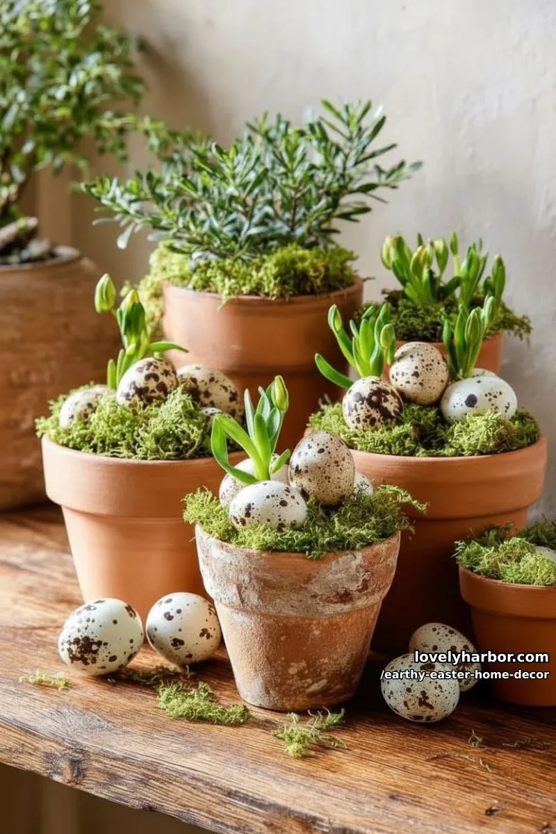 15 Earthy Easter Home Decor For A Nature-Friendly Seasonal Touch 20 arrangement of terracotta pots with moss, quail eggs, and spring bulbs 1