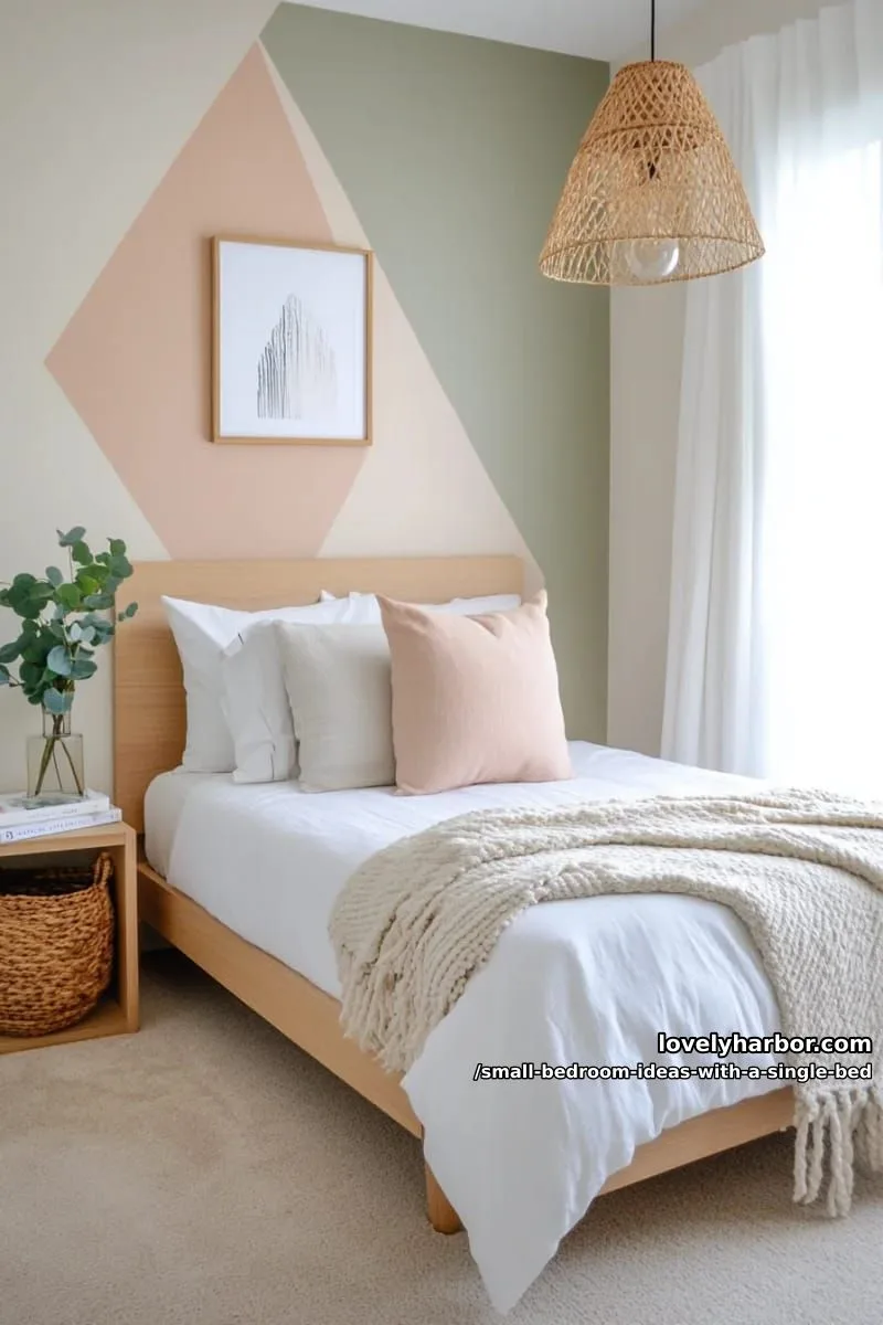 artistic accent wall behind single bed using geometric decals or soft paint tones. 1