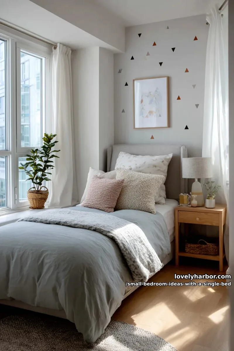 artistic accent wall behind single bed using geometric decals or soft paint tones. 1