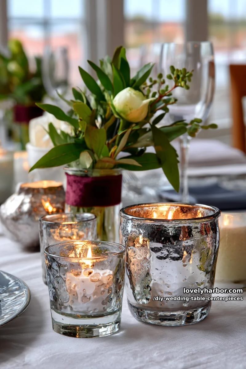 assorted mercury glass votives mixed with velvet ribbon-wrapped bud vases 1