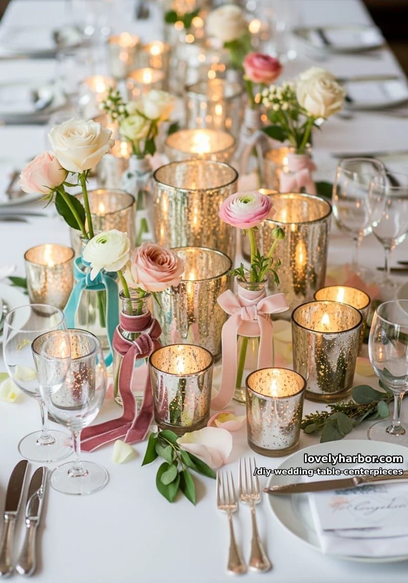 assorted mercury glass votives mixed with velvet ribbon-wrapped bud vases 1