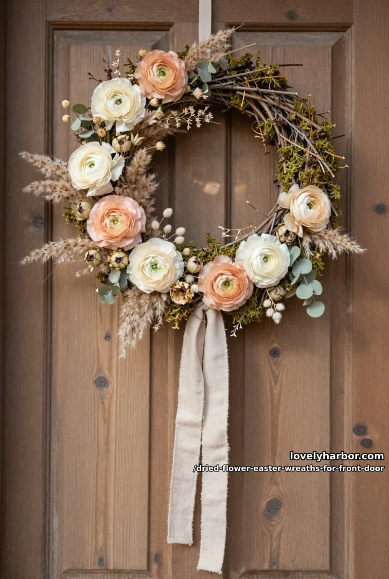 asymmetrical wreath with clusters of dried ranunculus and mossy twigs 1
