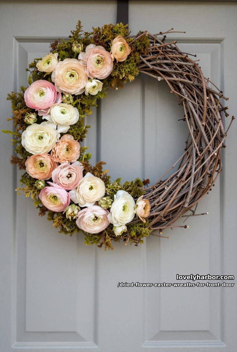 asymmetrical wreath with clusters of dried ranunculus and mossy twigs 1