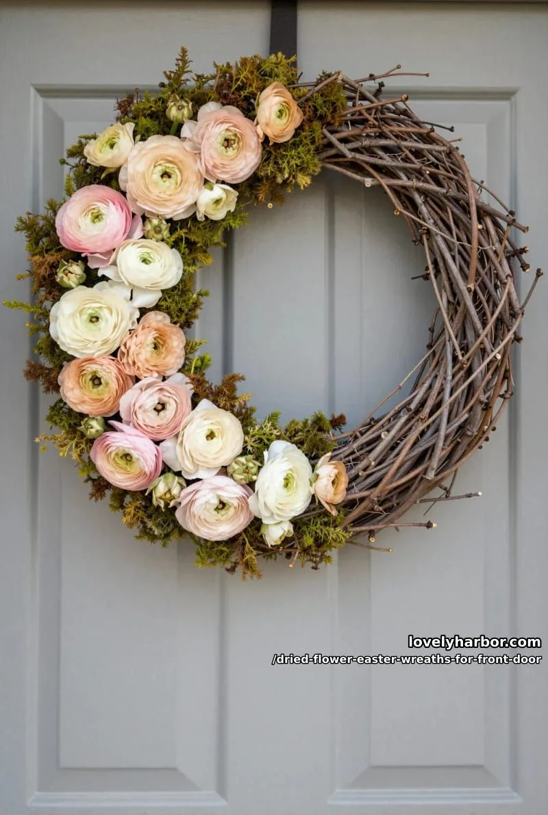 asymmetrical wreath with clusters of dried ranunculus and mossy twigs 1