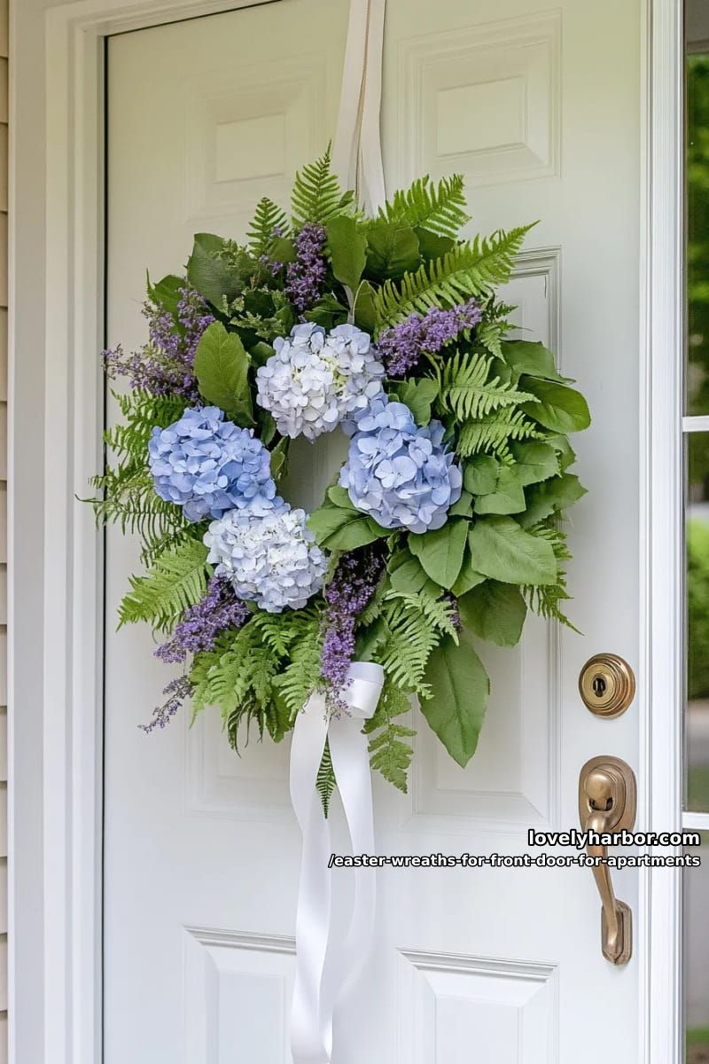 asymmetrical wreath with clusters of hydrangea and lavender sprigs 1