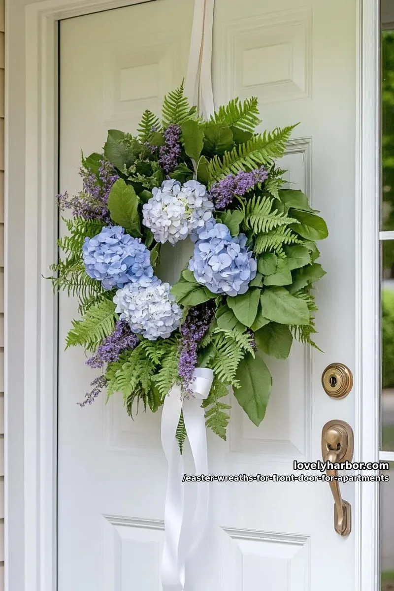 asymmetrical wreath with clusters of hydrangea and lavender sprigs 1