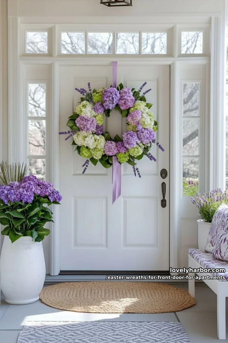 asymmetrical wreath with clusters of hydrangea and lavender sprigs 1