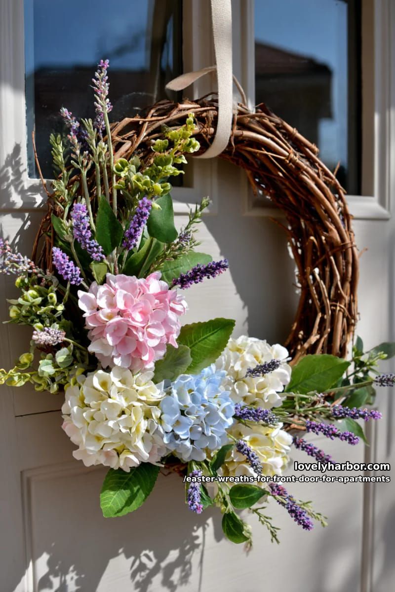 asymmetrical wreath with clusters of hydrangea and lavender sprigs 1
