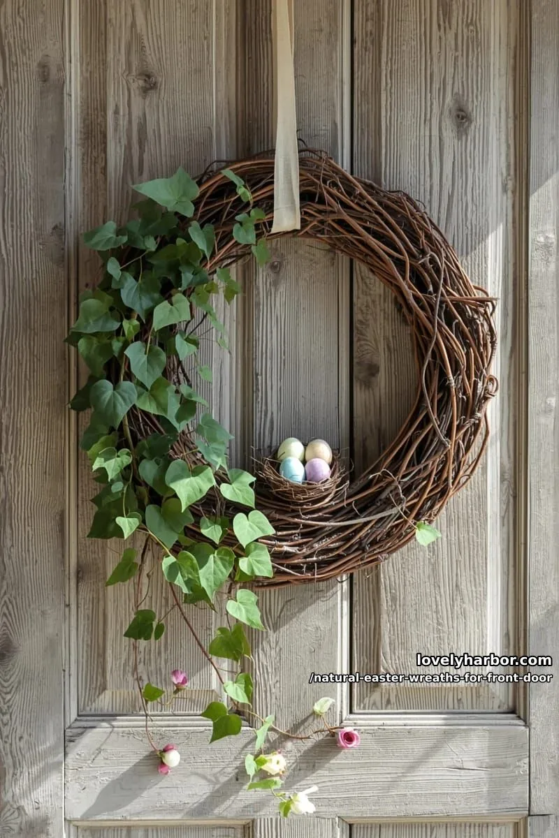 asymmetrical wreath with trailing ivy, tiny nests, and felted wool eggs 1