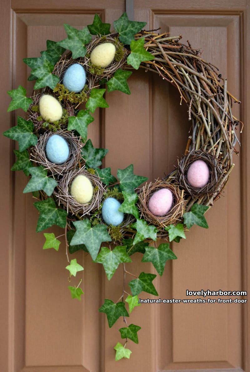 asymmetrical wreath with trailing ivy, tiny nests, and felted wool eggs 1