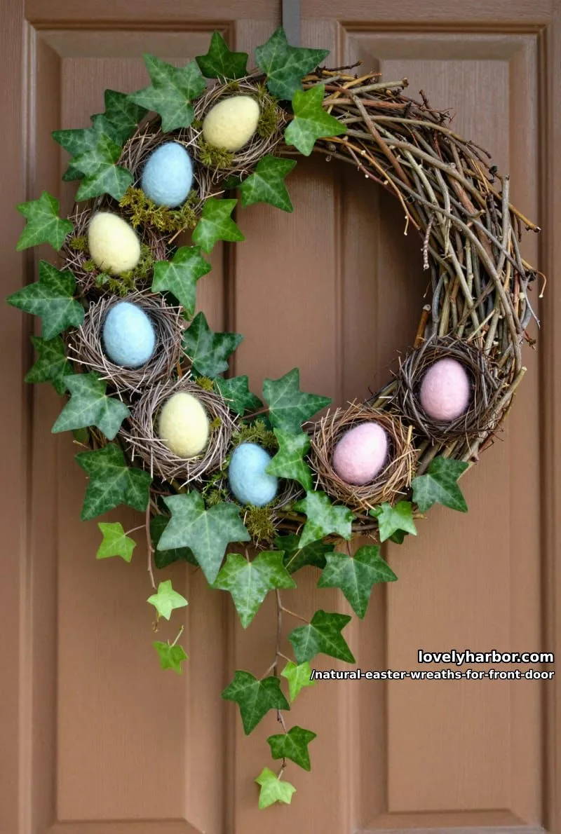 asymmetrical wreath with trailing ivy, tiny nests, and felted wool eggs 1