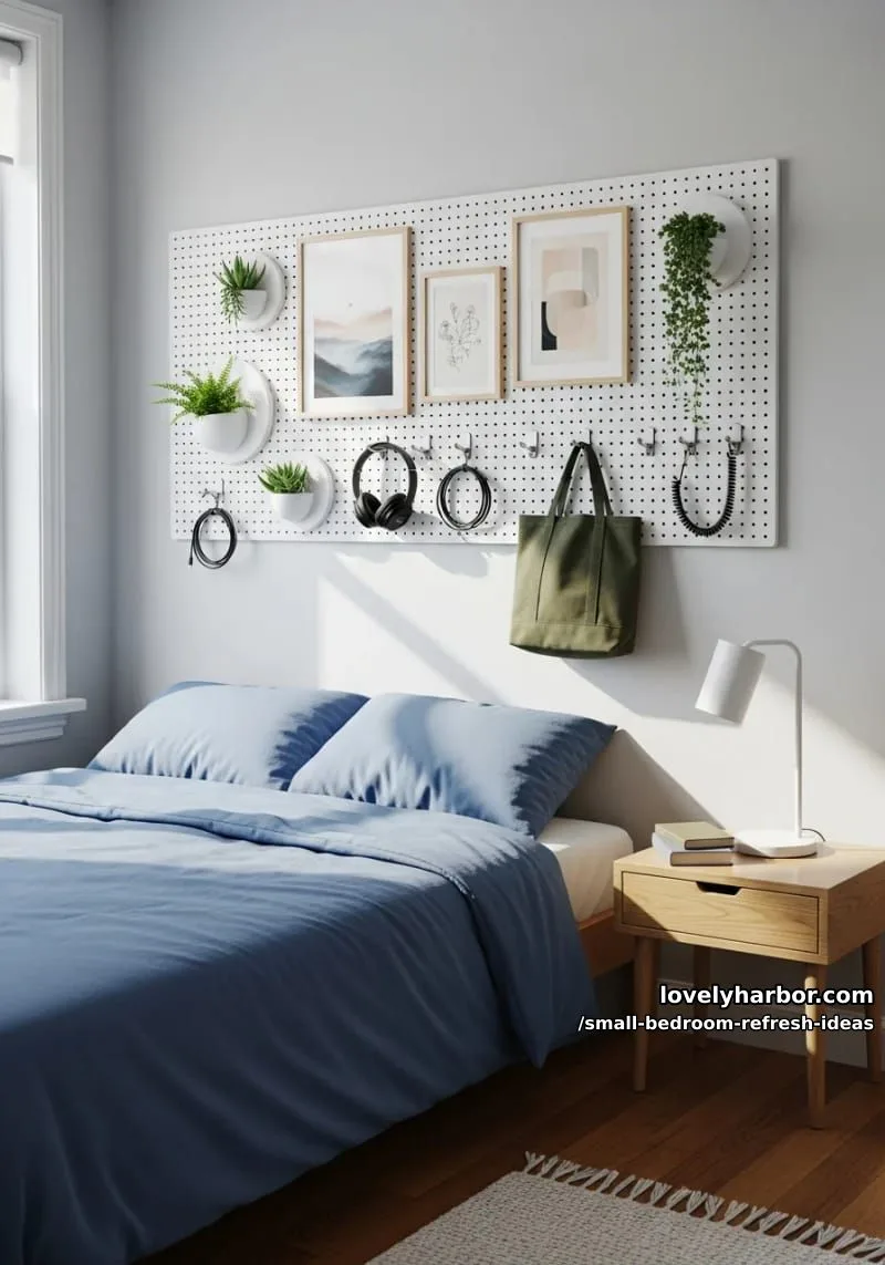 attach a pegboard above the bed for art, plants, and functional hooks 1