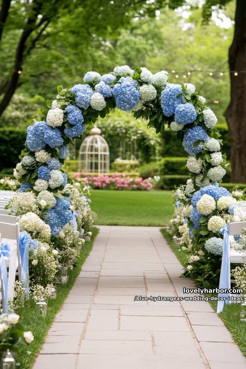 baby blue hydrangea cloud archway for ceremony entrance 1