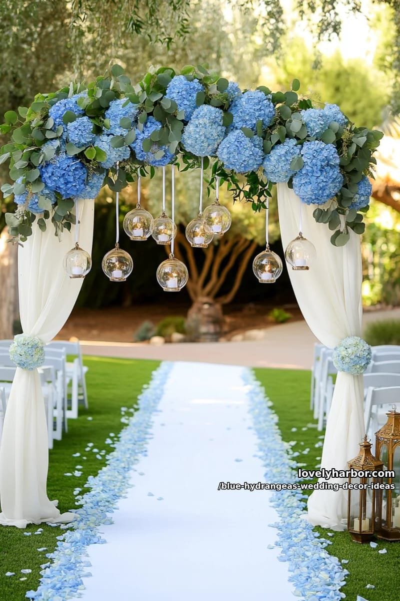 baby blue hydrangea cloud archway for ceremony entrance 1
