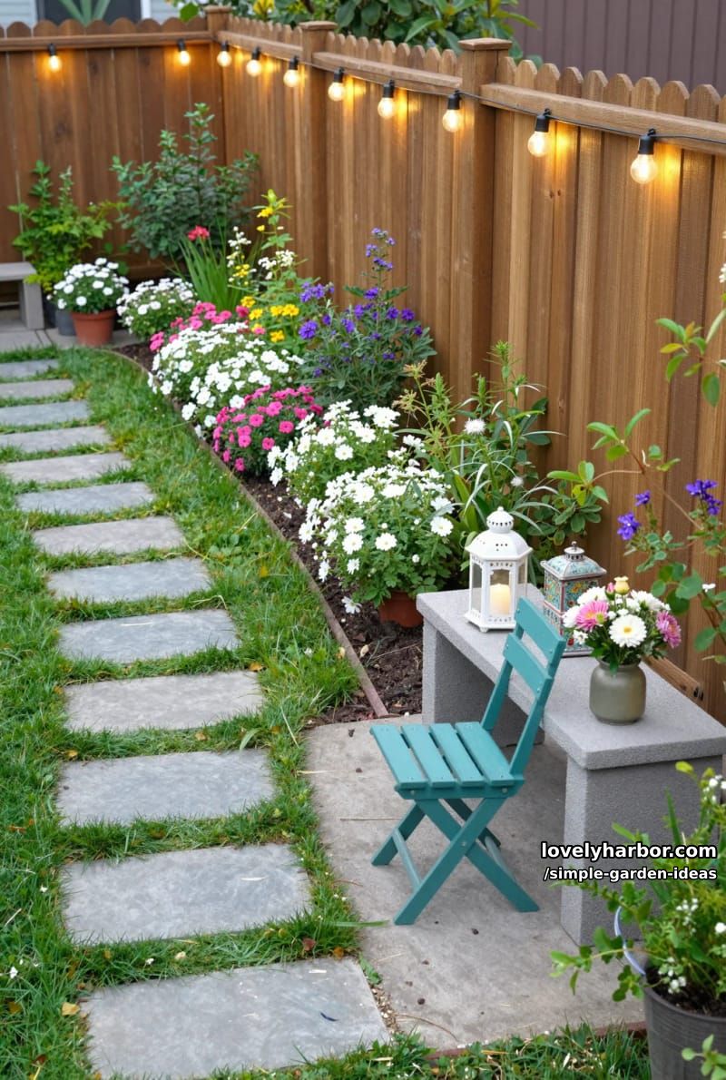 backyard with string lights, stone path, and vibrant flower bed 1
