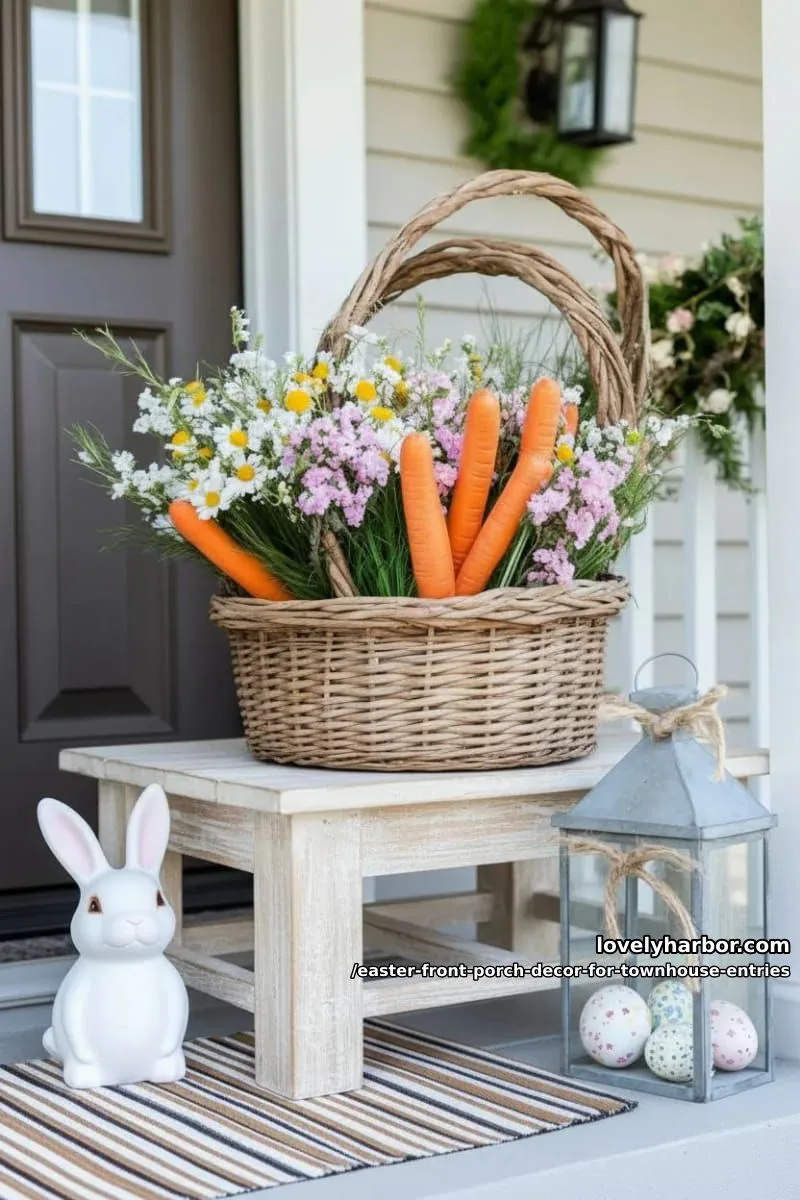 basket overflowing with faux carrots and wildflowers on entry table 1
