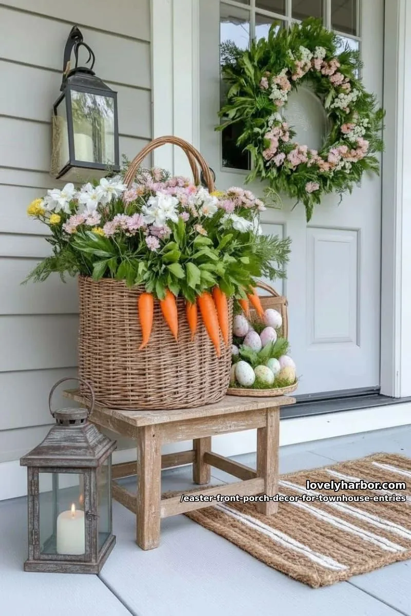 basket overflowing with faux carrots and wildflowers on entry table 1