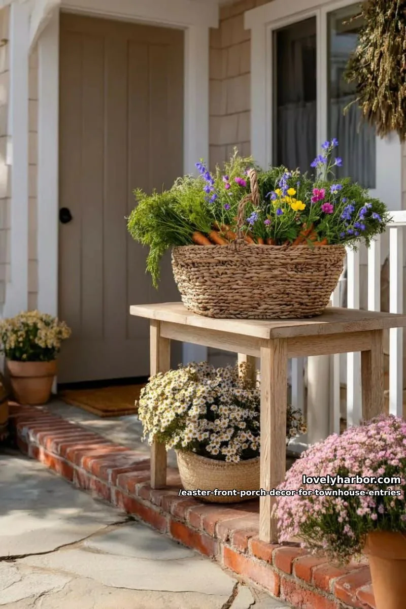 basket overflowing with faux carrots and wildflowers on entry table 1
