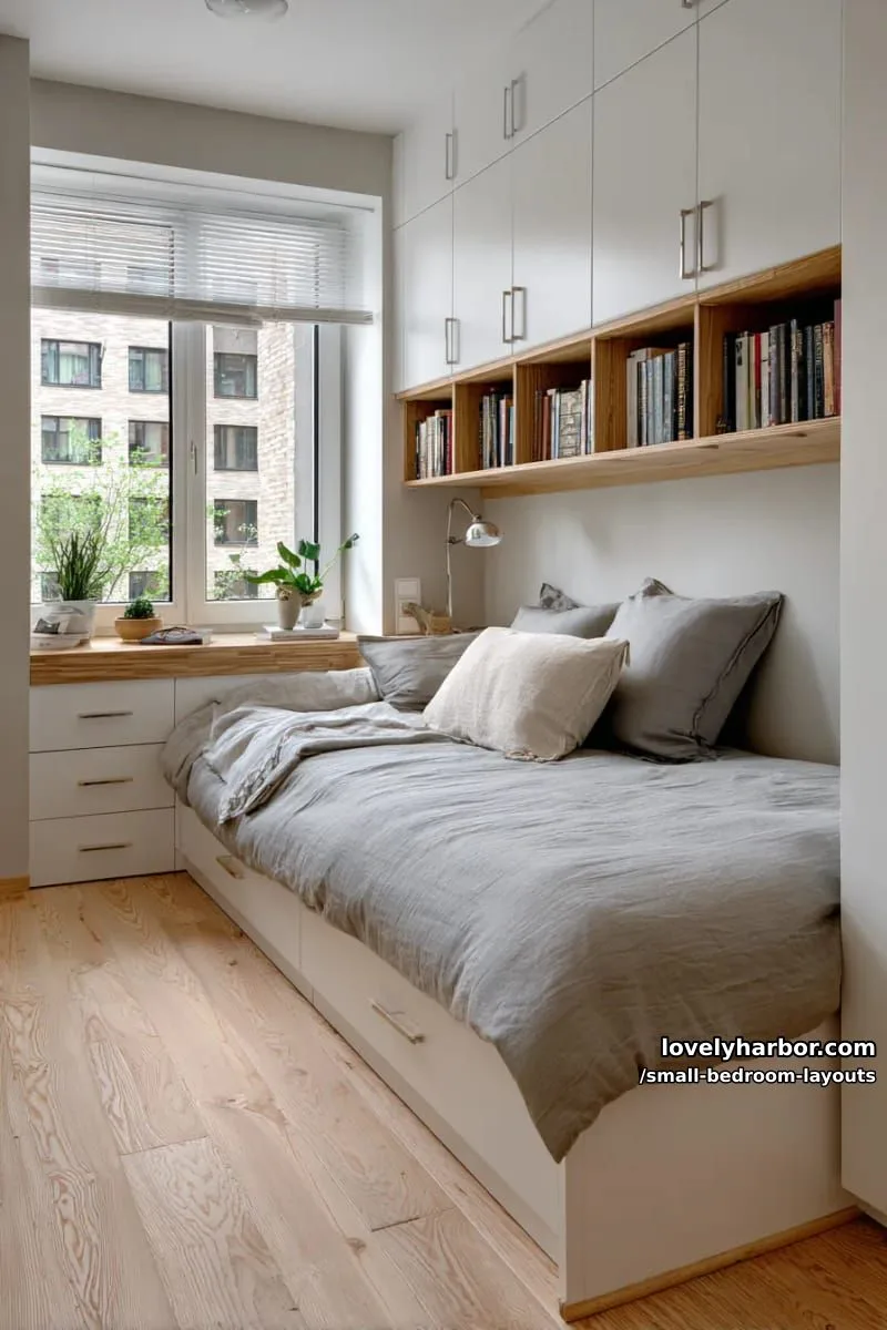 bed tucked under wall-to-wall cabinetry for seamless storage 1