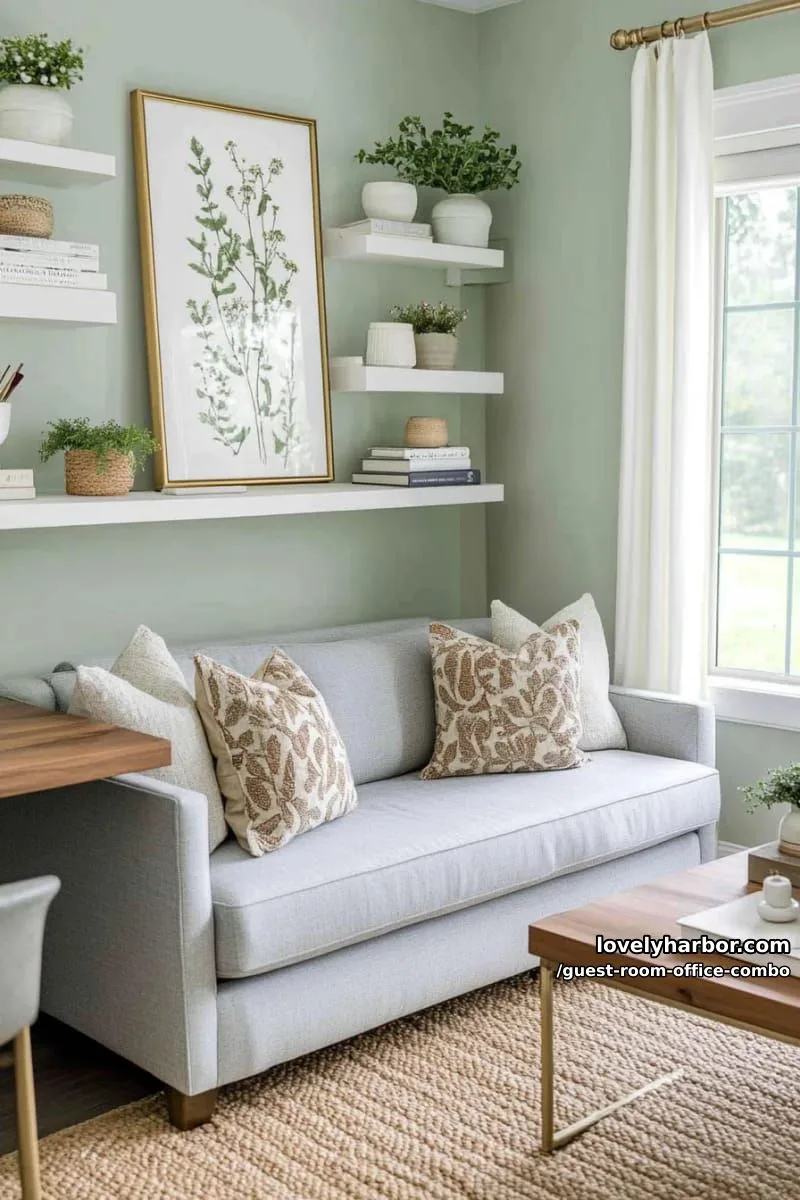 bedroom home office with sofa, wooden desk, floating shelves, and potted plants. 1