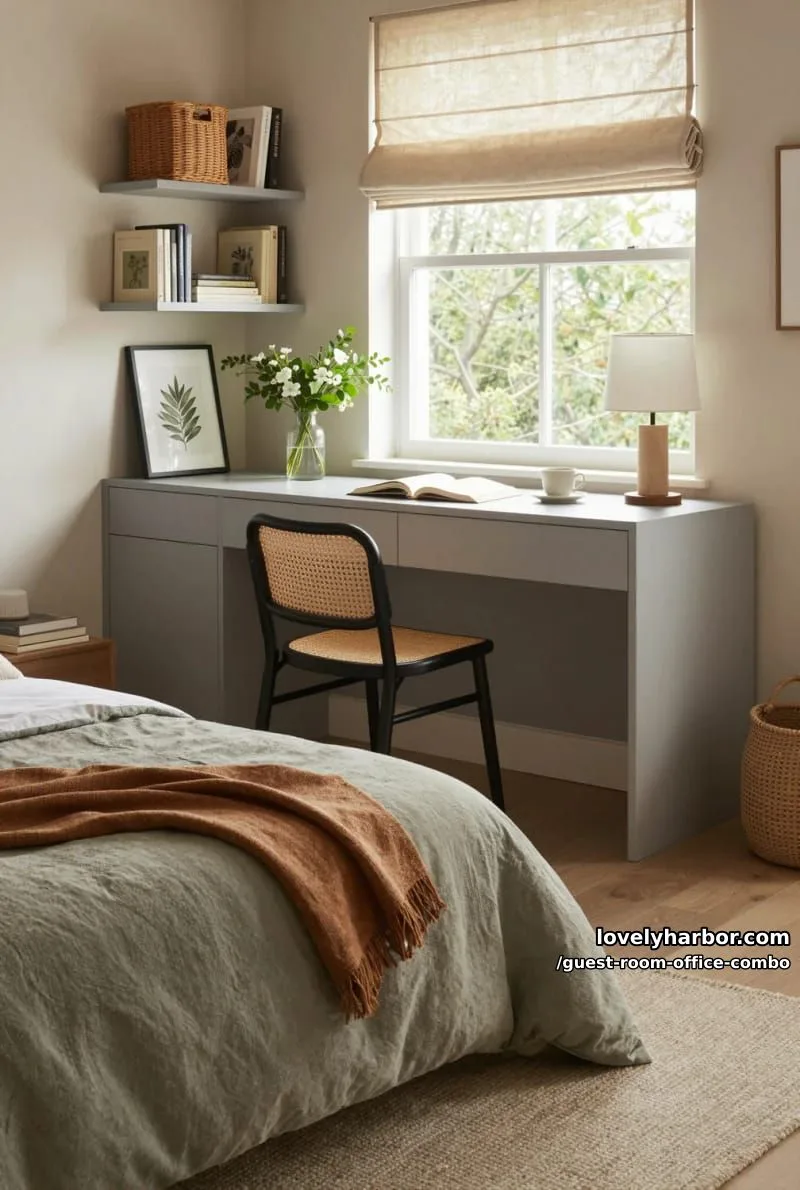 bedroom with built-in gray desk, floating shelves, and green-gray bedding. 1