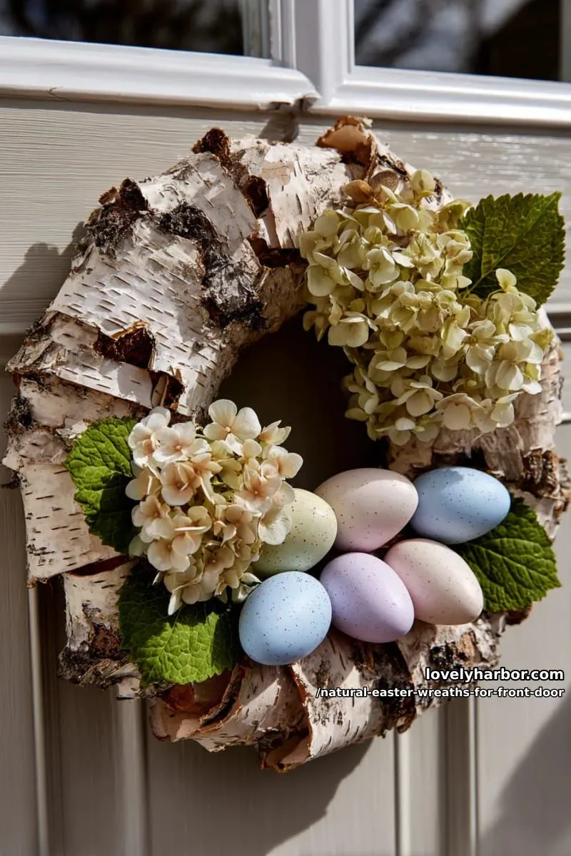 birch bark base with dried hydrangeas and soft pastel painted eggs 1