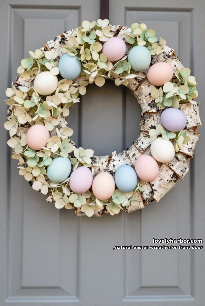 birch bark base with dried hydrangeas and soft pastel painted eggs 1