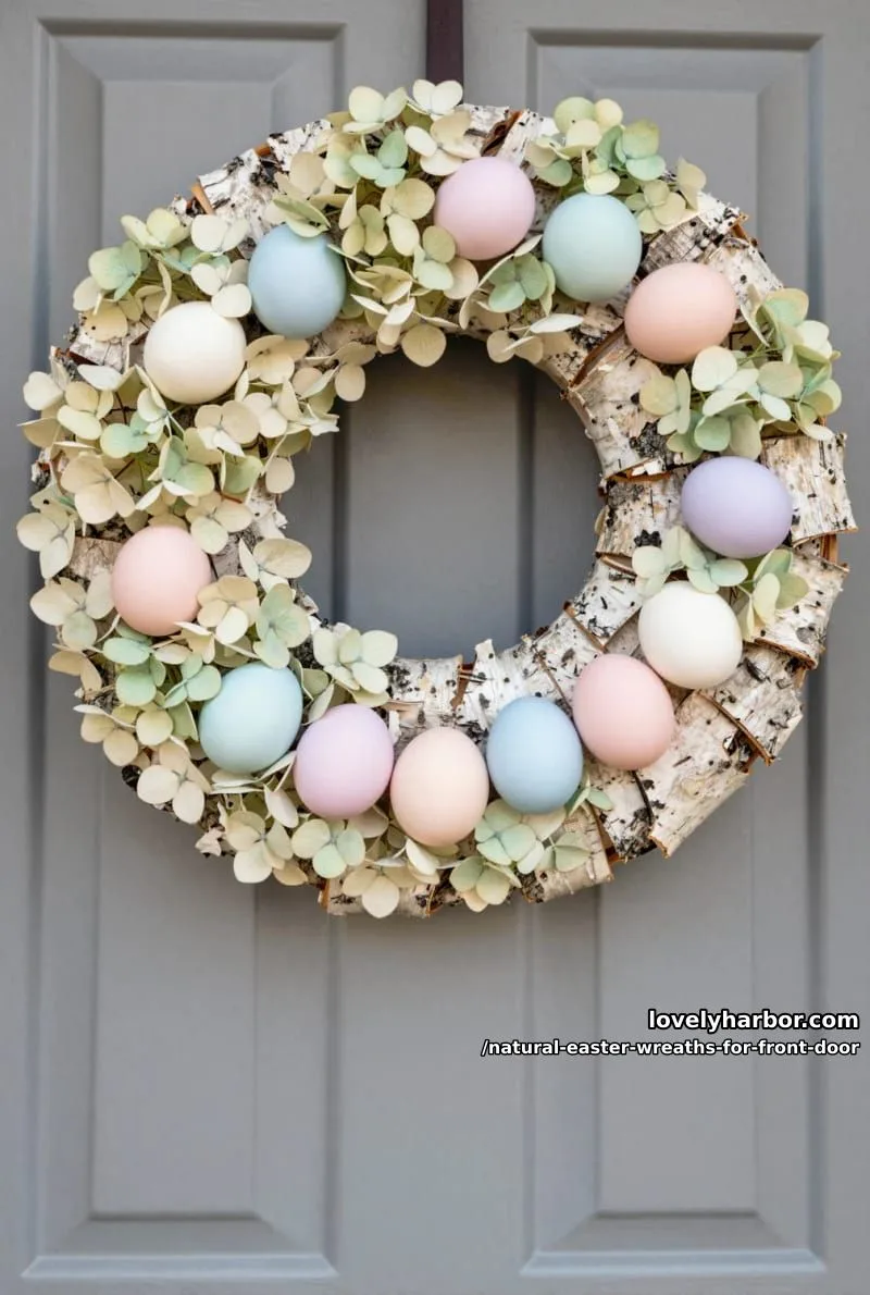 birch bark base with dried hydrangeas and soft pastel painted eggs 1