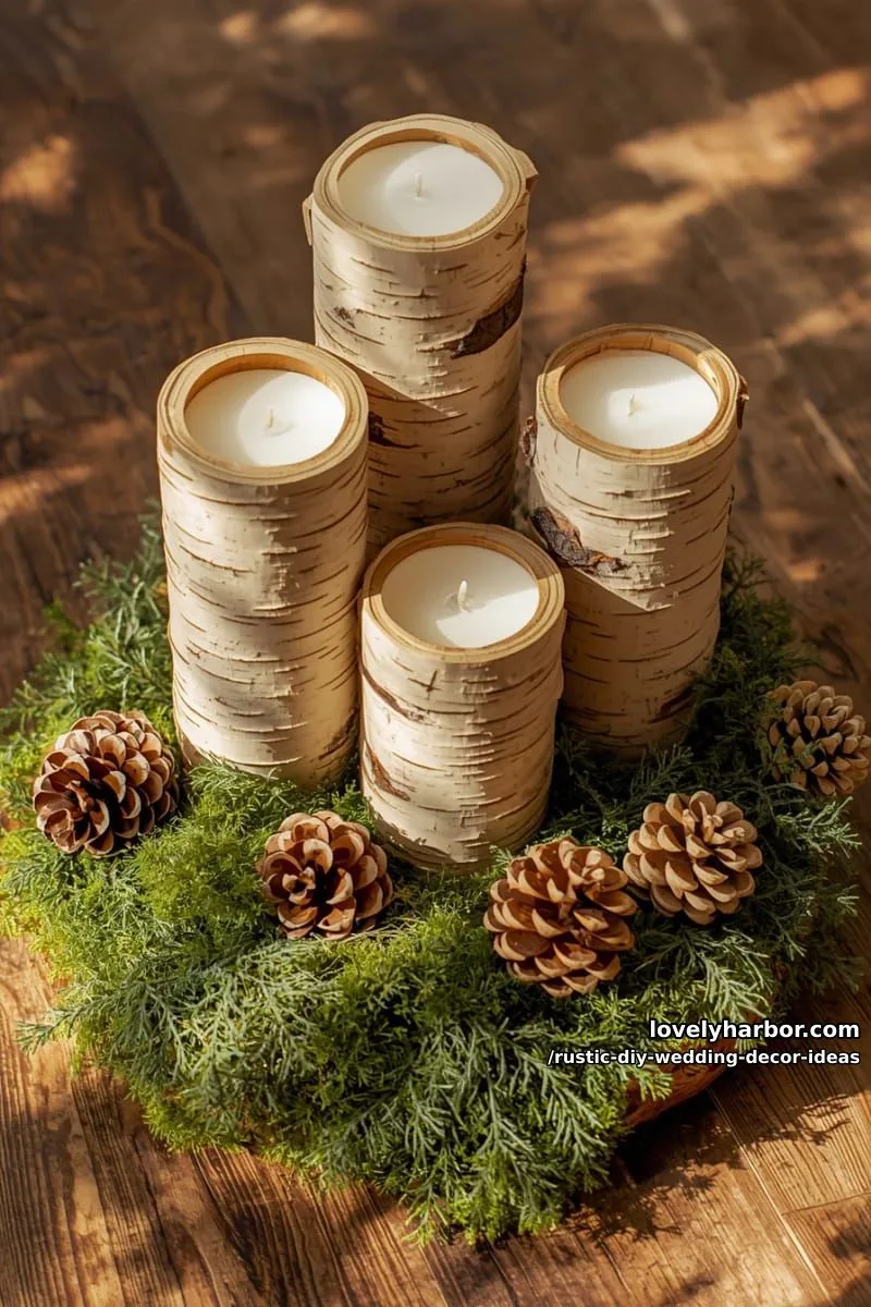 19 Rustic DIY Wedding Decor Ideas with Dreamy Vibes 29 birch log candle holders surrounded by moss and pinecones 1