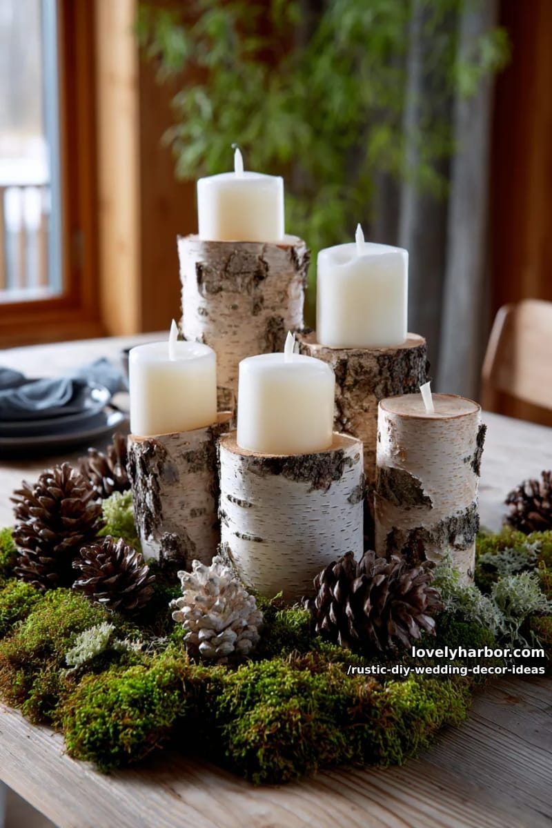 birch log candle holders surrounded by moss and pinecones 1