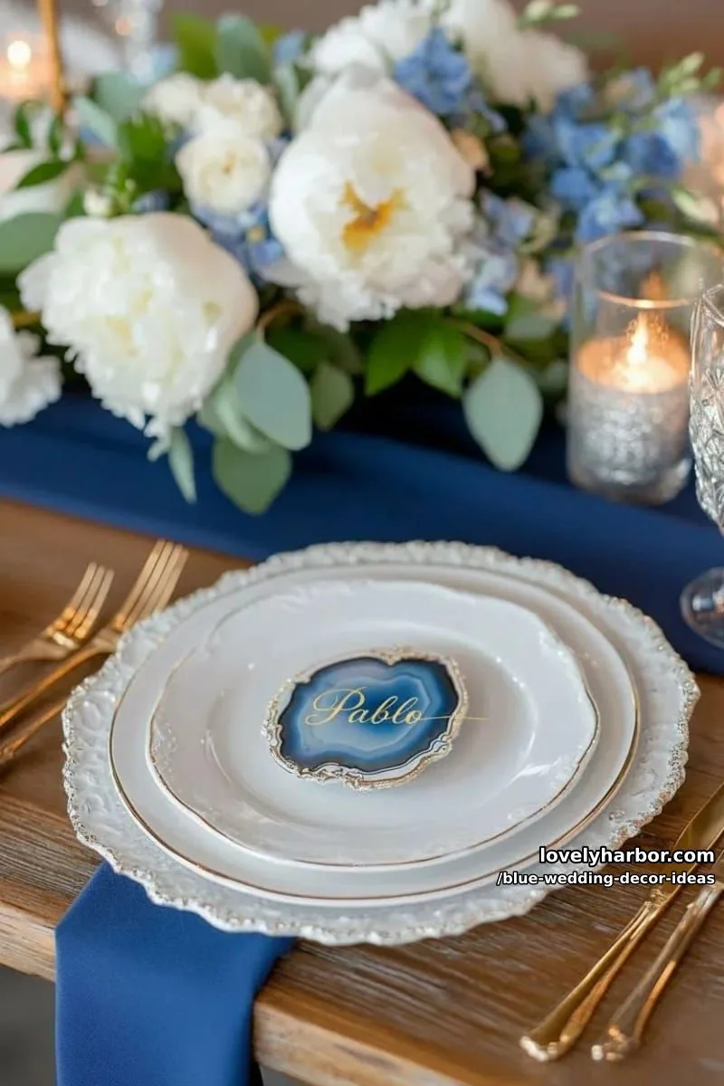blue agate name cards placed on white porcelain plates 1