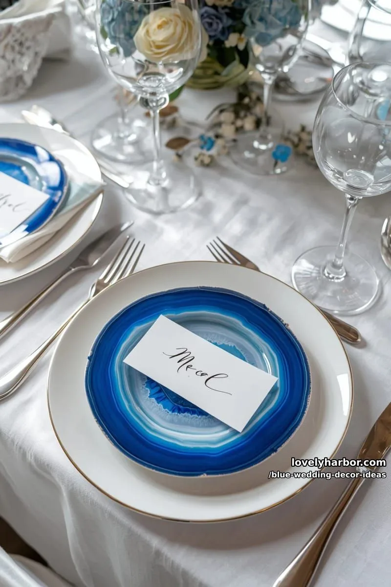 blue agate name cards placed on white porcelain plates 1
