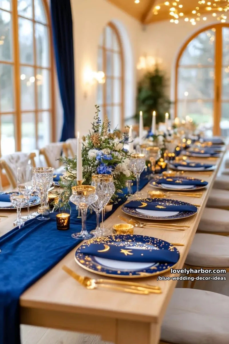 blue and gold celestial table settings with starry charger plates 1