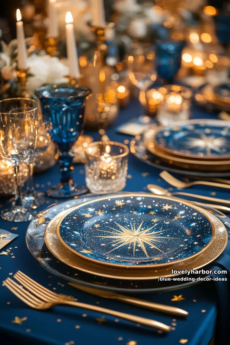 blue and gold celestial table settings with starry charger plates 1