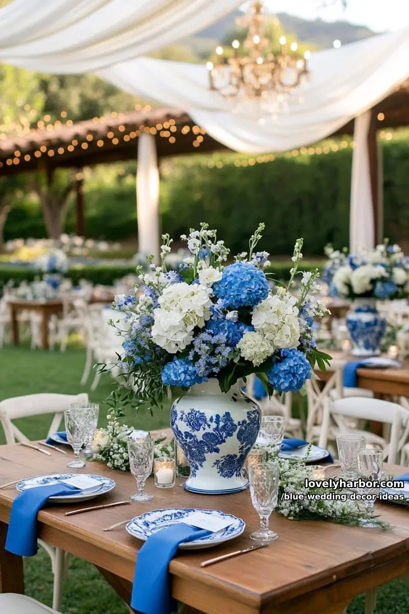 blue and white porcelain vases holding mixed blue blooms on each table 1