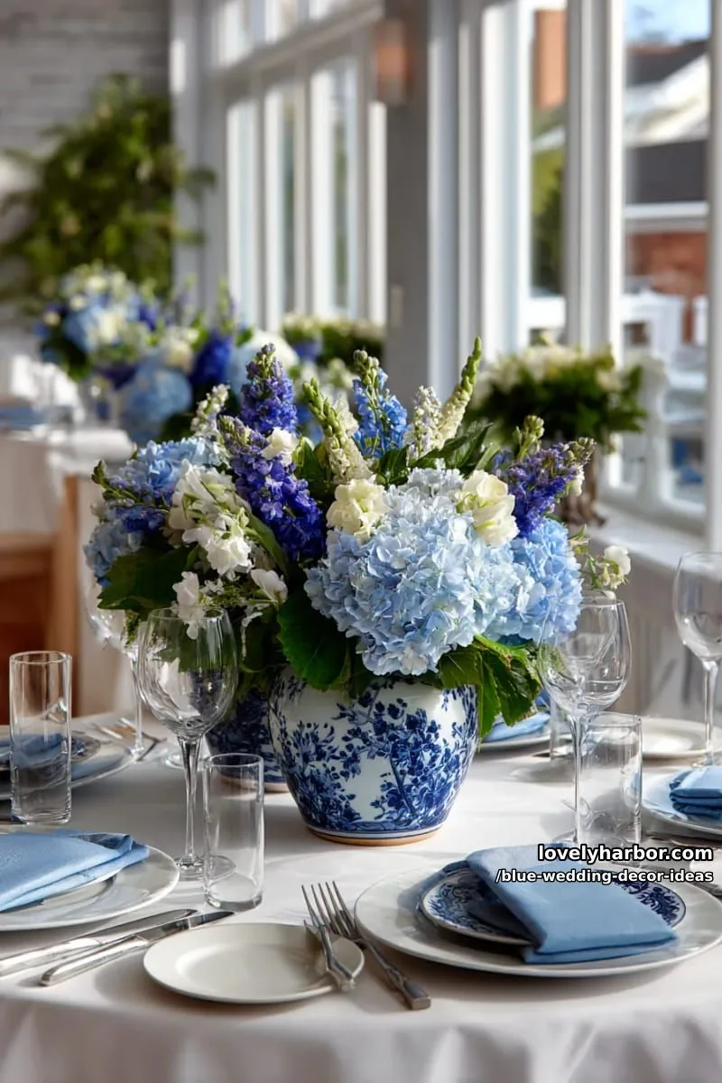 blue and white porcelain vases holding mixed blue blooms on each table 1