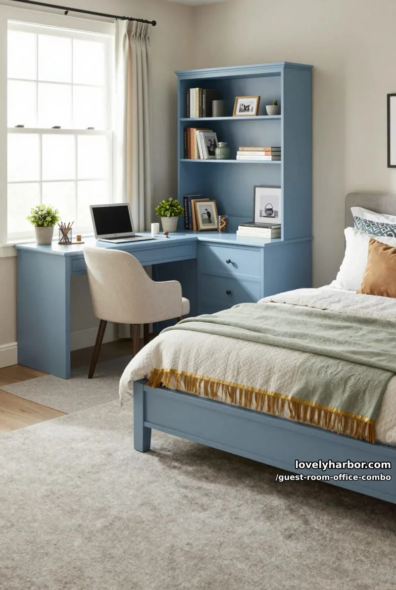 blue built-in desk and shelving in serene, naturally-lit bedroom. 1