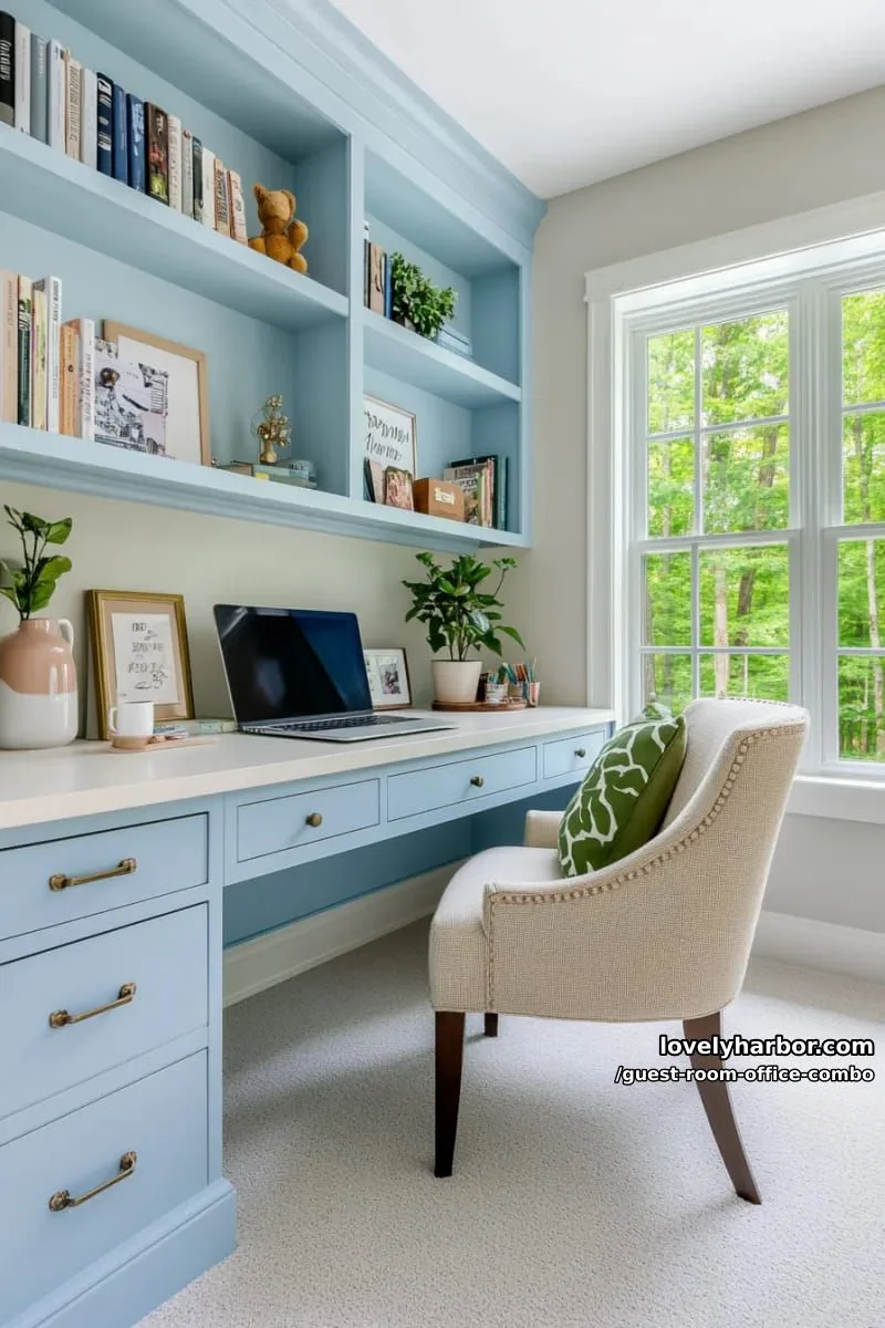 blue built-in desk and shelving in serene, naturally-lit bedroom. 1