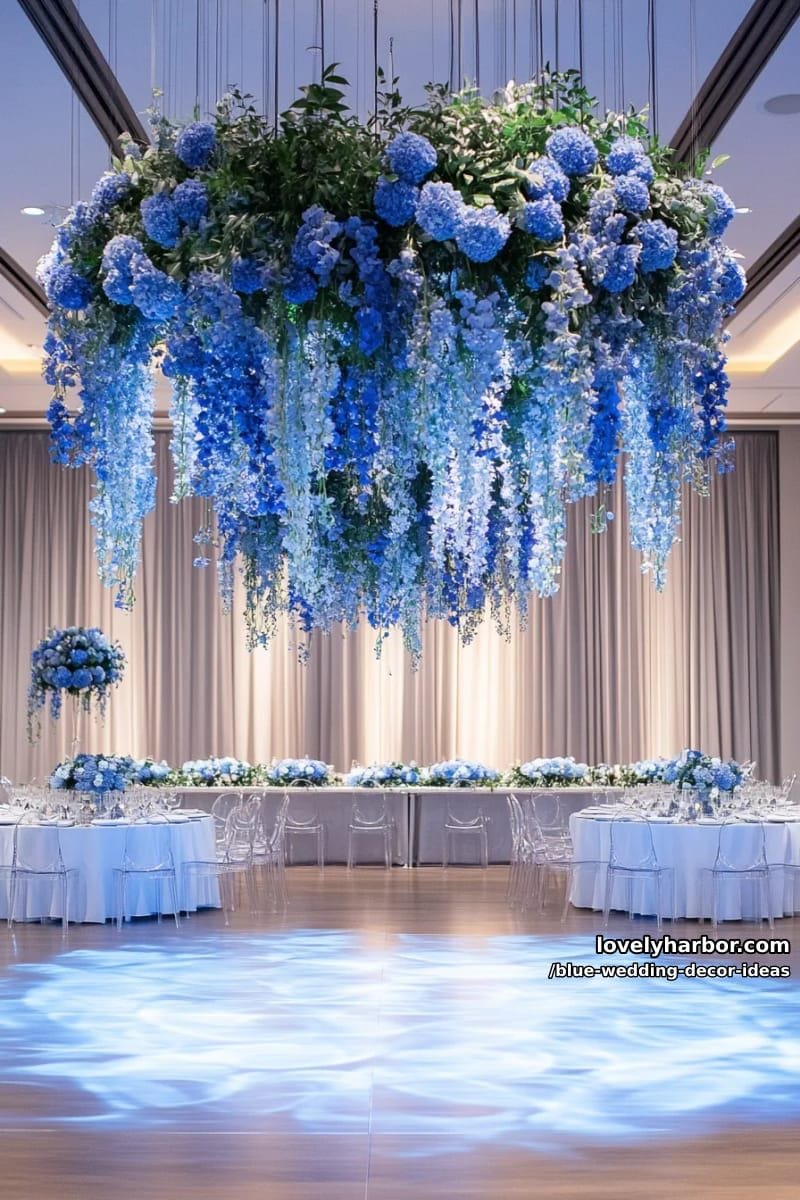 blue floral chandelier installations above the dance floor 1