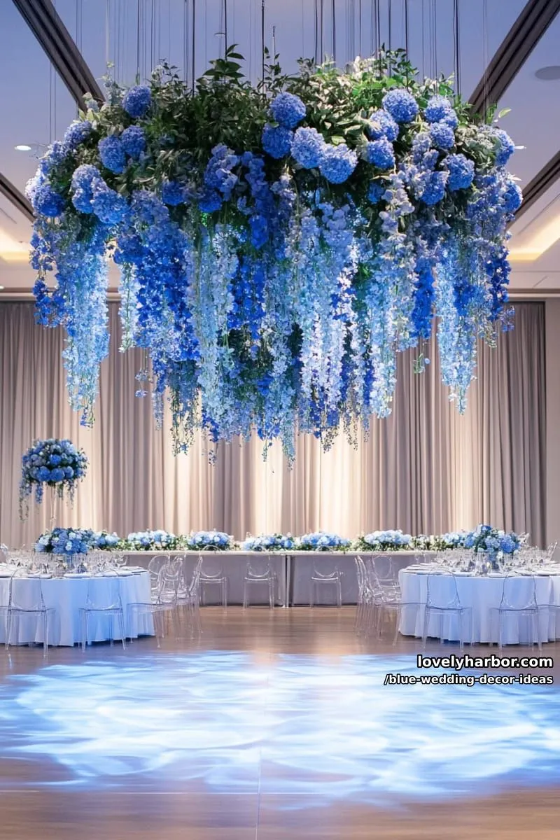 blue floral chandelier installations above the dance floor 1