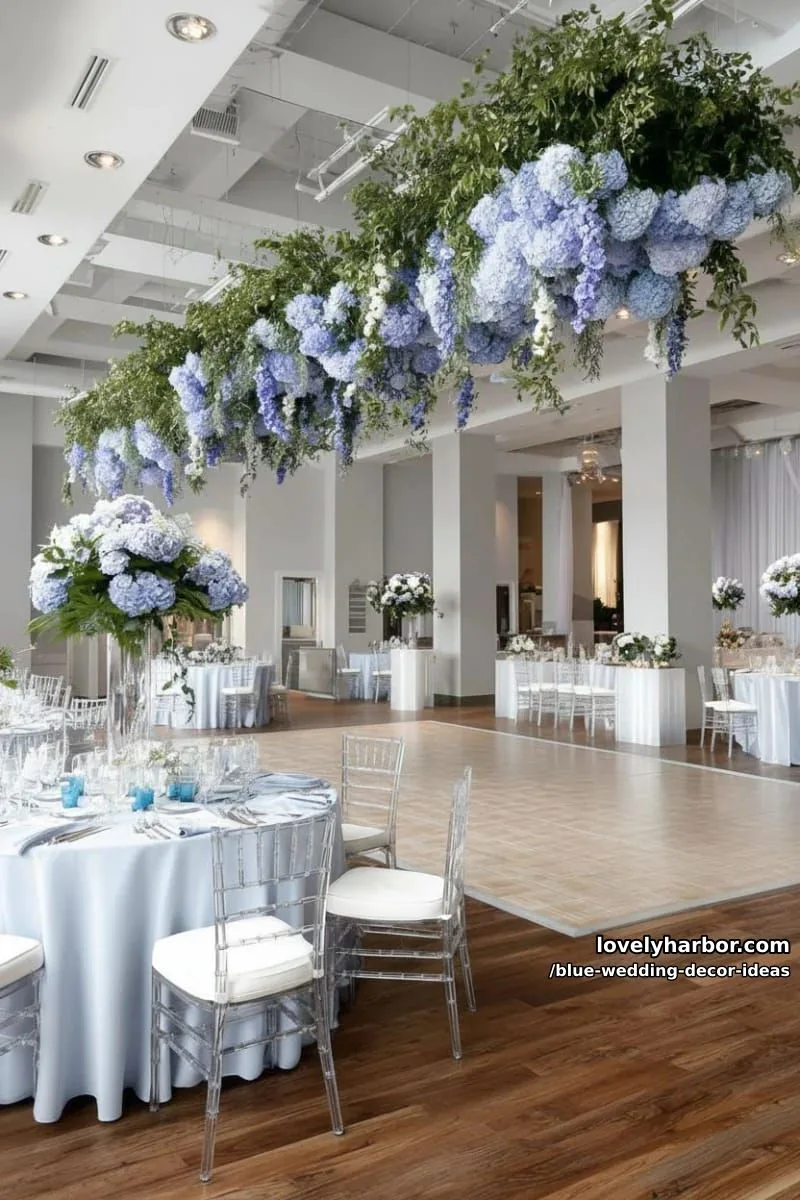 blue floral chandelier installations above the dance floor 1