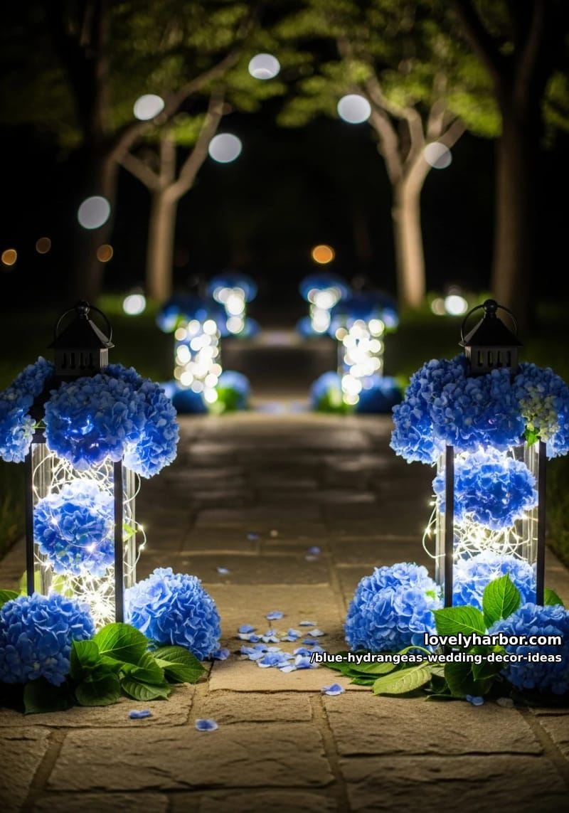 blue hydrangea-filled lanterns for magical nighttime walkway lighting 1